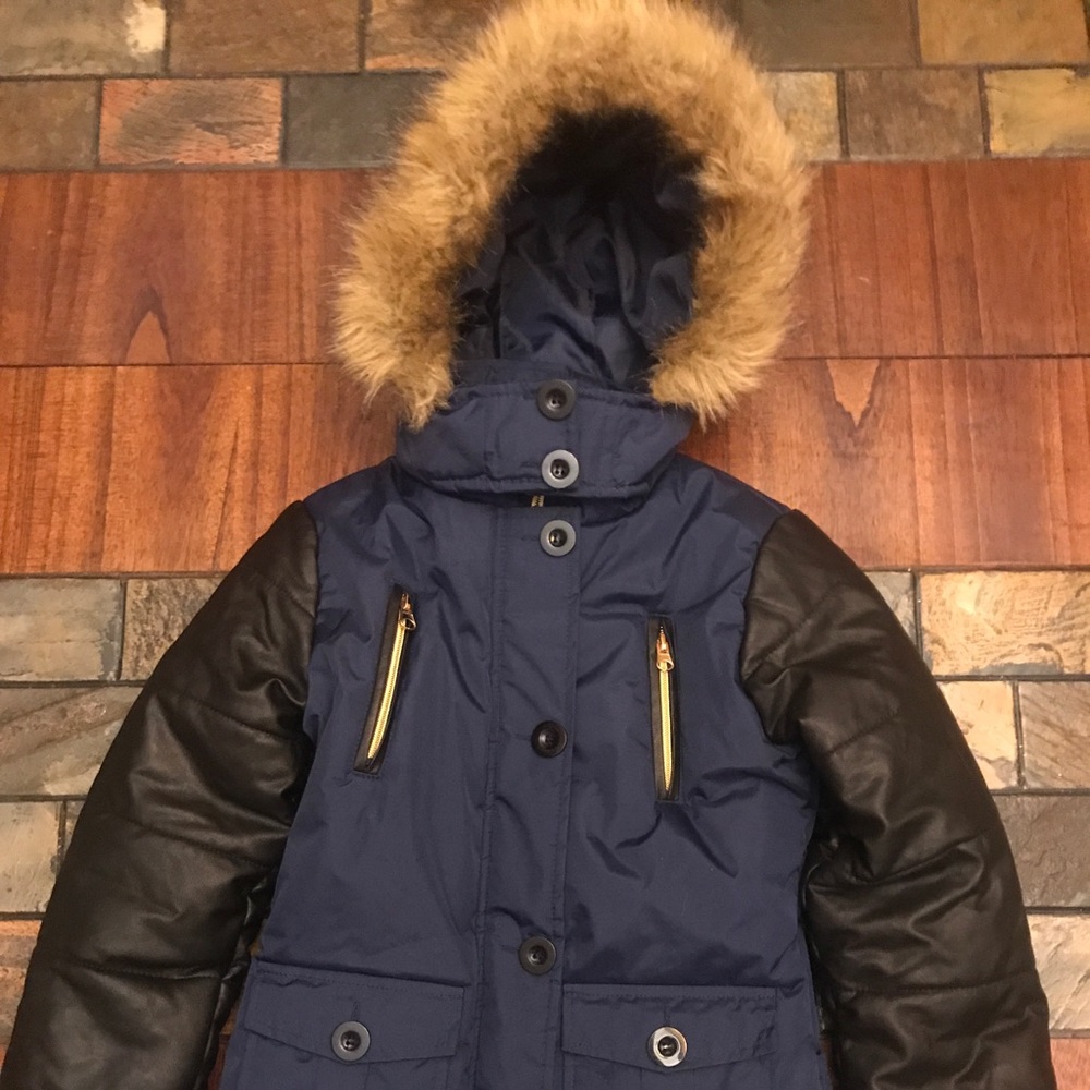 Big girls winter jacket faux fur hood faux leather